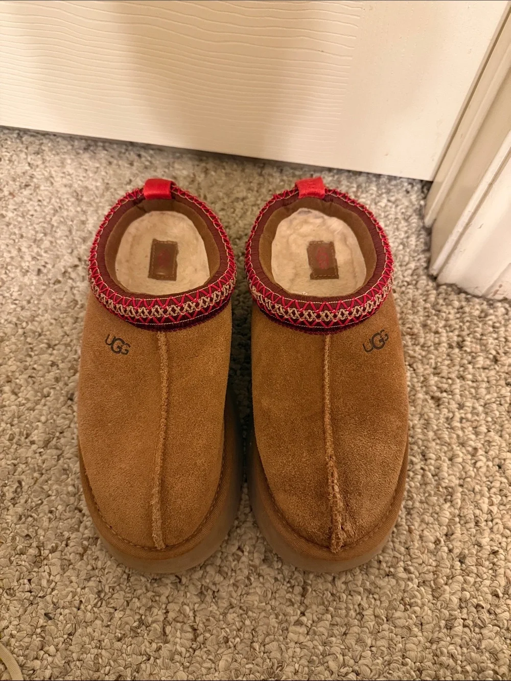 UGG Chestnut Brown Suede Slip-On Clogs with Red Trim